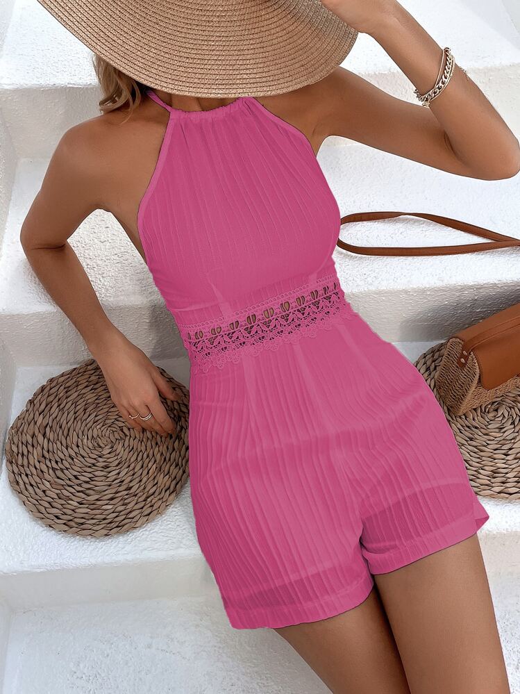 SHEIN VCAY Áo liền quần nữ Lộ Lưng Tương phản ren Buộc lại màu trơn Gợi cảm - Màu Hồng Tươi - Xem 5