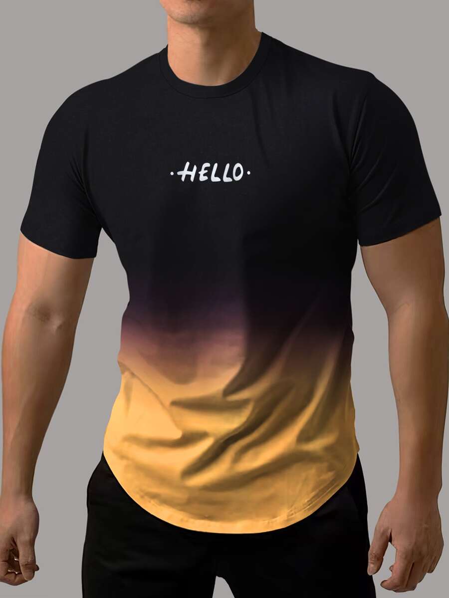 Manfinity Homme Men Letter Graphic Ombre Curved Hem Tee - Multicolor - View 1