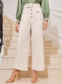 Modelyn Button Front Belted Wide Leg Pants - Beige - View 2