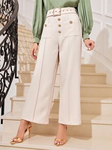 Modelyn Button Front Belted Wide Leg Pants - Beige - View 5