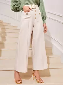Modelyn Button Front Belted Wide Leg Pants - Beige - View 1