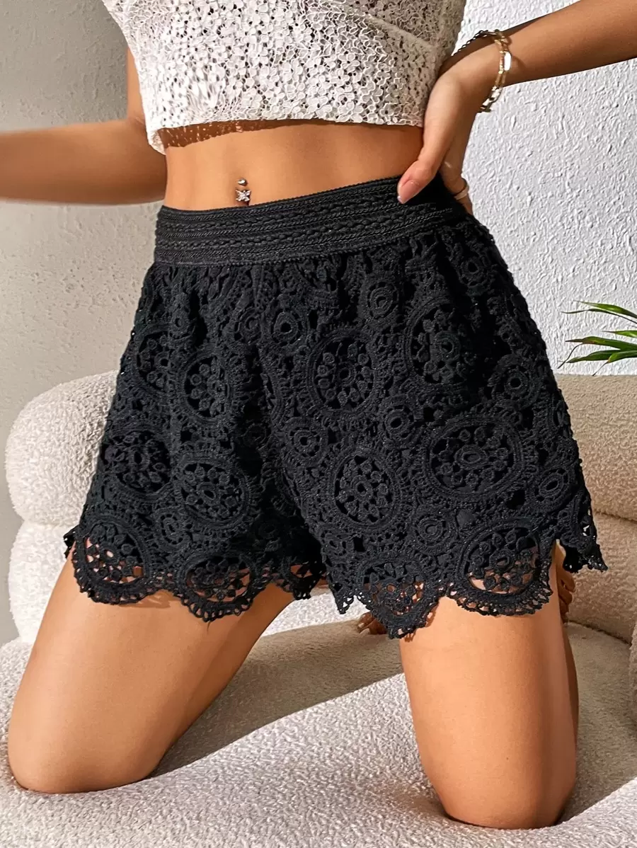 Breezaya Guipure Lace Overlay Shorts - Black - View 1