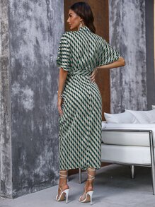 SHEIN Clasi Đầm Nút phía trước Tất cả trên in Thanh lịch - màu xanh lá - Xem 2