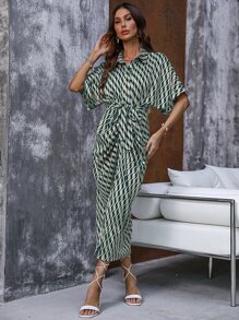 SHEIN Clasi Đầm Nút phía trước Tất cả trên in Thanh lịch - màu xanh lá - Xem 3