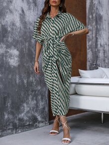 SHEIN Clasi Đầm Nút phía trước Tất cả trên in Thanh lịch - màu xanh lá - Xem 5