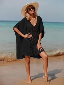 Swim Lushoire Crochet Trim Batwing Sleeve Cover Up,Summer Beach - Black - View 7