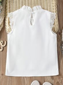 SHEIN Explorewe Tween Girl Contrast Guipure Lace Frill Trim Mock Neck Keyhole Back Sleeveless Blouse