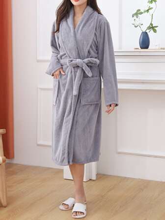 1 件套带袖浴袍，翻领，长袍，纯色，珊瑚绒，柔软，吸水，适合家庭、酒店、泳池、沙龙、个人使用、礼物