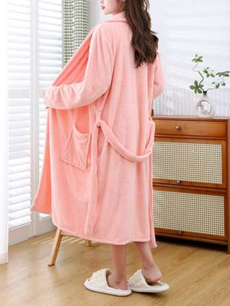 1 件套带袖浴袍，翻领，睡袍，家居服，纯色，珊瑚绒，柔软，吸水，淋浴，酒店，泳池，沙龙，个人使用，礼物