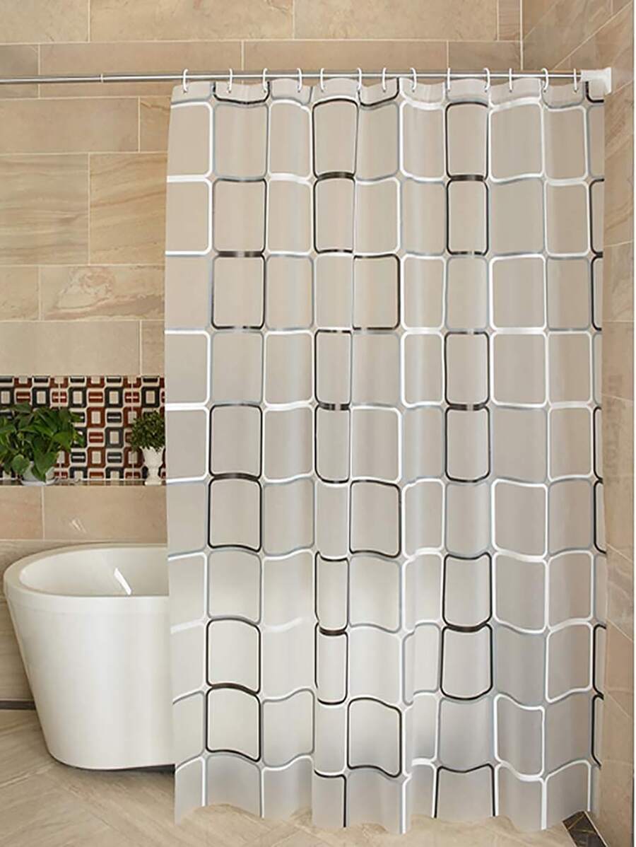 1pc EVA Shower Curtain, Geometric Pattern Waterproof Shower Curtain For Bathroom - Clear - View 1