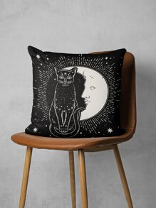 1入組貓和月亮圖案靠墊套無填充物卡通亞麻裝飾抱枕套適合家居四季皆宜 - 黑與白 - 查看 1