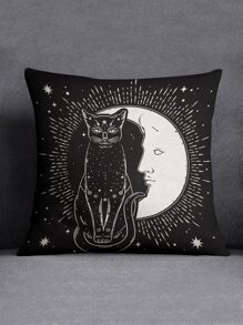 1入組貓和月亮圖案靠墊套無填充物卡通亞麻裝飾抱枕套適合家居四季皆宜 - 黑與白 - 查看 3