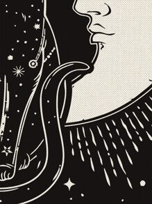 1入組貓和月亮圖案靠墊套無填充物卡通亞麻裝飾抱枕套適合家居四季皆宜 - 黑與白 - 查看 2