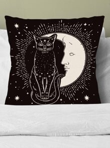 1入組貓和月亮圖案靠墊套無填充物卡通亞麻裝飾抱枕套適合家居四季皆宜 - 黑與白 - 查看 4