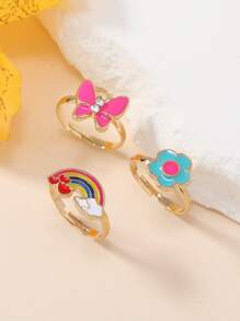 3pcs/set Girls Butterfly & Rainbow Decor Ring - Multicolor - View 2