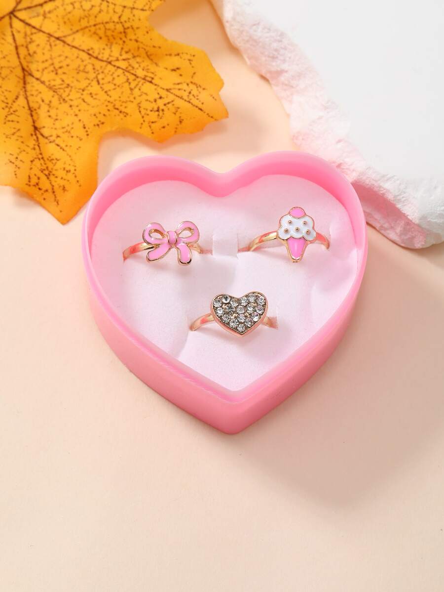 3 cái/bộ Nhẫn trang trí hình trái tim & nơ cho bé gái - Nhiều màu - Xem 1