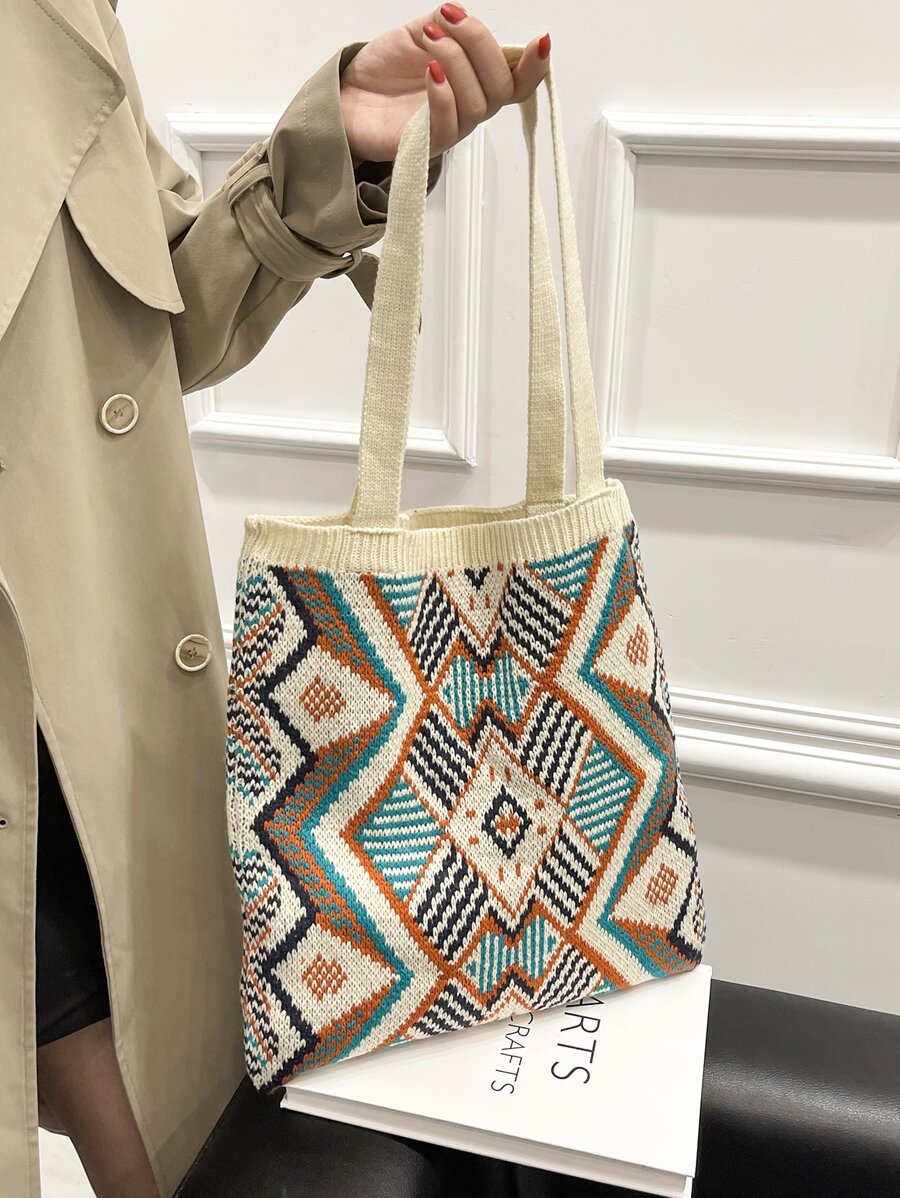 Bolso de mano de ganchillo con patrón gráfico geométrico, bolso de mano con diseño de tejido, bolso de compras plegable, versátil y a la moda - Multicolor - Ver 1
