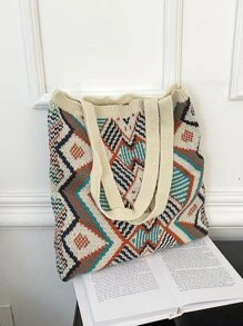 Bolso de mano de ganchillo con patrón gráfico geométrico, bolso de mano con diseño de tejido, bolso de compras plegable, versátil y a la moda - Multicolor - Ver 2