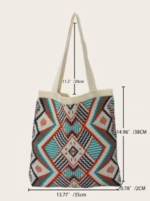 Bolso de mano de ganchillo con patrón gráfico geométrico, bolso de mano con diseño de tejido, bolso de compras plegable, versátil y a la moda - Multicolor - Ver 3