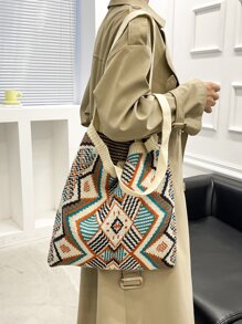 Bolso de mano de ganchillo con patrón gráfico geométrico, bolso de mano con diseño de tejido, bolso de compras plegable, versátil y a la moda - Multicolor - Ver 4