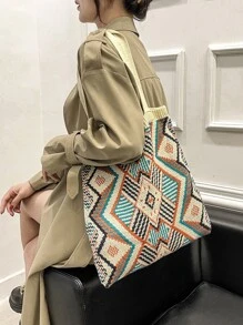 Bolso de mano de ganchillo con patrón gráfico geométrico, bolso de mano con diseño de tejido, bolso de compras plegable, versátil y a la moda - Multicolor - Ver 5