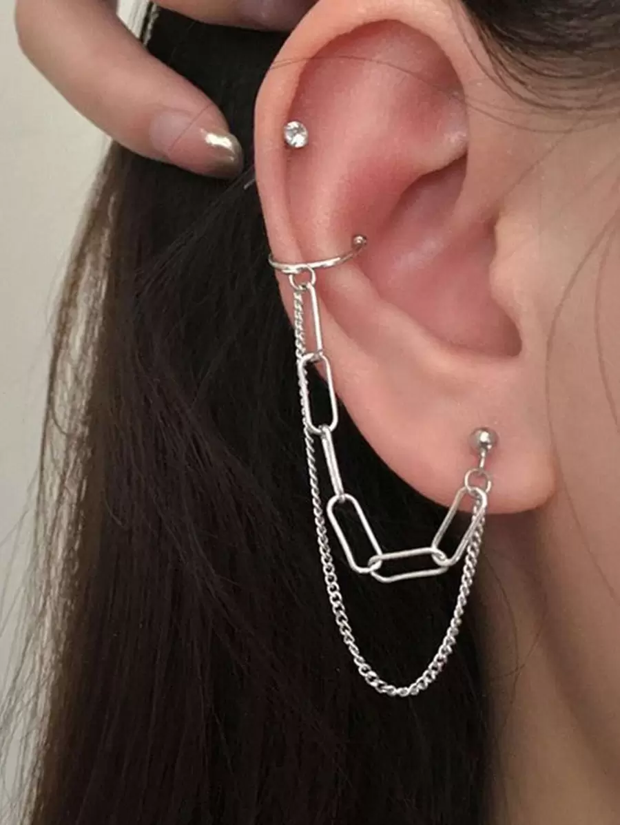 4pcs/set Chain Decor Earrings, Stainless Steel Jewelry - Silver - View 1