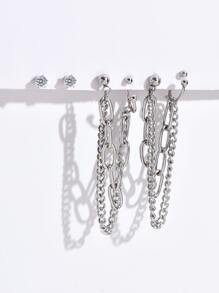 4pcs/set Chain Decor Earrings, Stainless Steel Jewelry - Silver - View 2