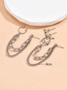 4pcs/set Chain Decor Earrings, Stainless Steel Jewelry - Silver - View 3