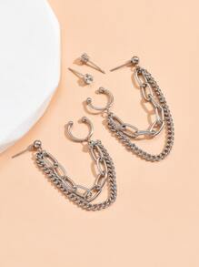 4pcs/set Chain Decor Earrings, Stainless Steel Jewelry - Silver - View 4