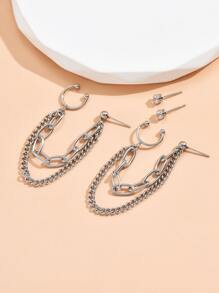 4pcs/set Chain Decor Earrings, Stainless Steel Jewelry - Silver - View 5