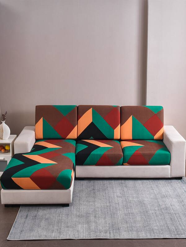 1pc Polyester Sofa Seat Cushion Cover, Boho Geometric Pattern Stretchy Sofa Cushion Cover For Living Room