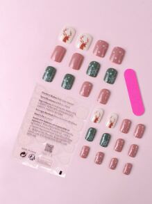 Christmas 24pcs Short Square Snowflake Pattern Fake Nail & 1pc Nail File & 1sheet Nail Tape - Multicolor - View 2