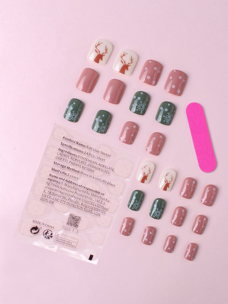 Christmas 24pcs Short Square Snowflake Pattern Fake Nail & 1pc Nail File & 1sheet Nail Tape - Multicolor - View 2