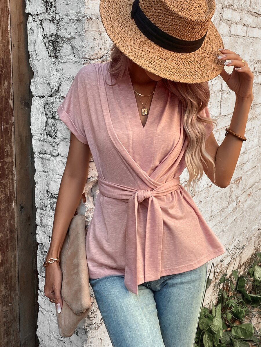 SHEIN VCAY Solid Batwing Sleeve Belted Tee - Dusty Pink - View 1