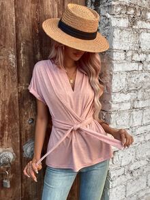 SHEIN VCAY Solid Batwing Sleeve Belted Tee - Dusty Pink - View 3