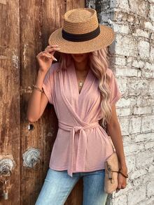 SHEIN VCAY Solid Batwing Sleeve Belted Tee - Dusty Pink - View 5