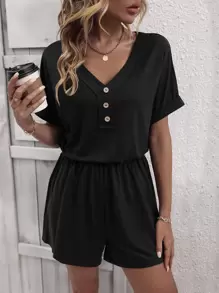 SHEIN LUNE 素色前紐扣T恤連體短褲 - 黑色 - 查看 1