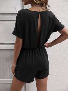 SHEIN LUNE 素色前紐扣T恤連體短褲 - 黑色 - 查看 2