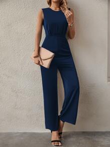 SHEIN LUNE 鏤空蕾絲花邊闊腿連體褲 - 藏蓝色 - 查看 3