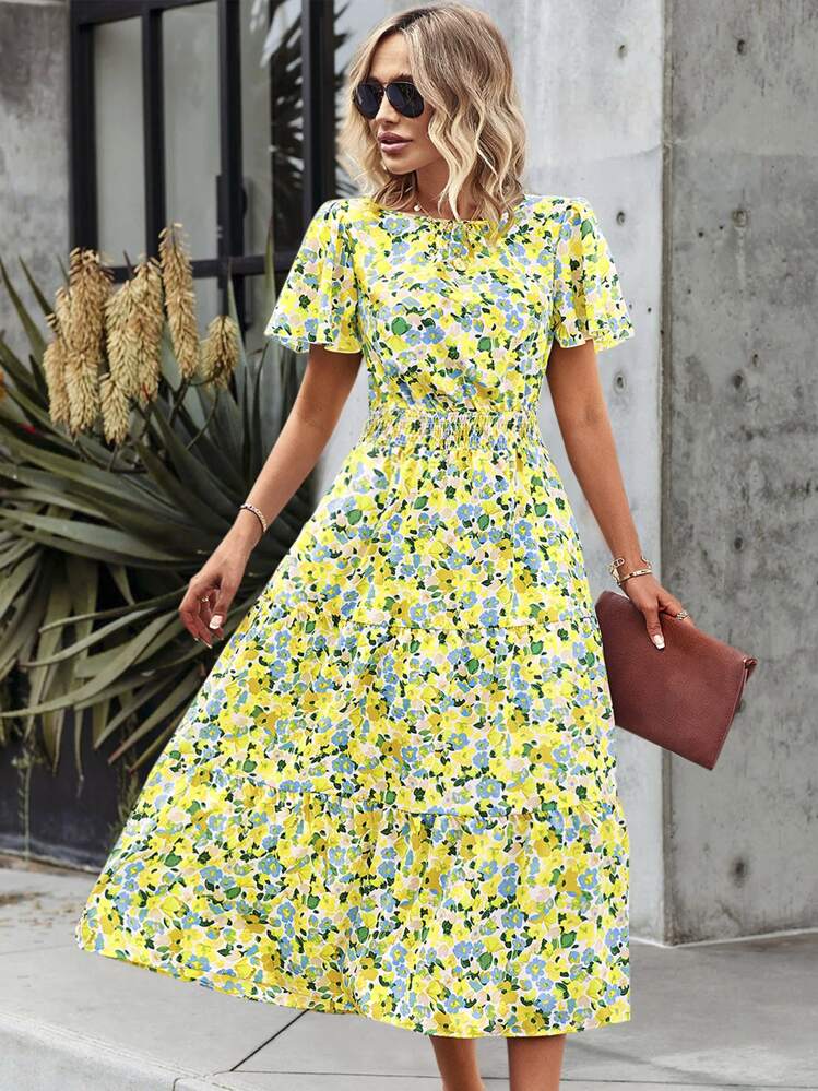 SHEIN Holidaya Đầm Túi Dải chun Viên lá sen Hoa Tất cả trên in Boho - Nhiều màu - Xem 1