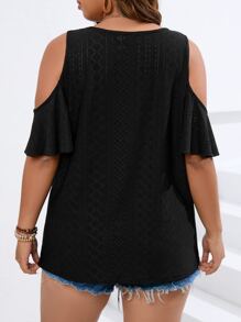 SHEIN LUNE Plus Cold Shoulder Eyelet Embroidery Tee - Black - View 2