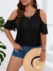 SHEIN LUNE Plus Cold Shoulder Eyelet Embroidery Tee - Black - View 3