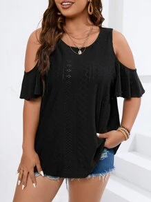 SHEIN LUNE Plus Cold Shoulder Eyelet Embroidery Tee - Black - View 4