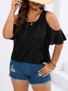 SHEIN LUNE Plus Cold Shoulder Eyelet Embroidery Tee - Black - View 5