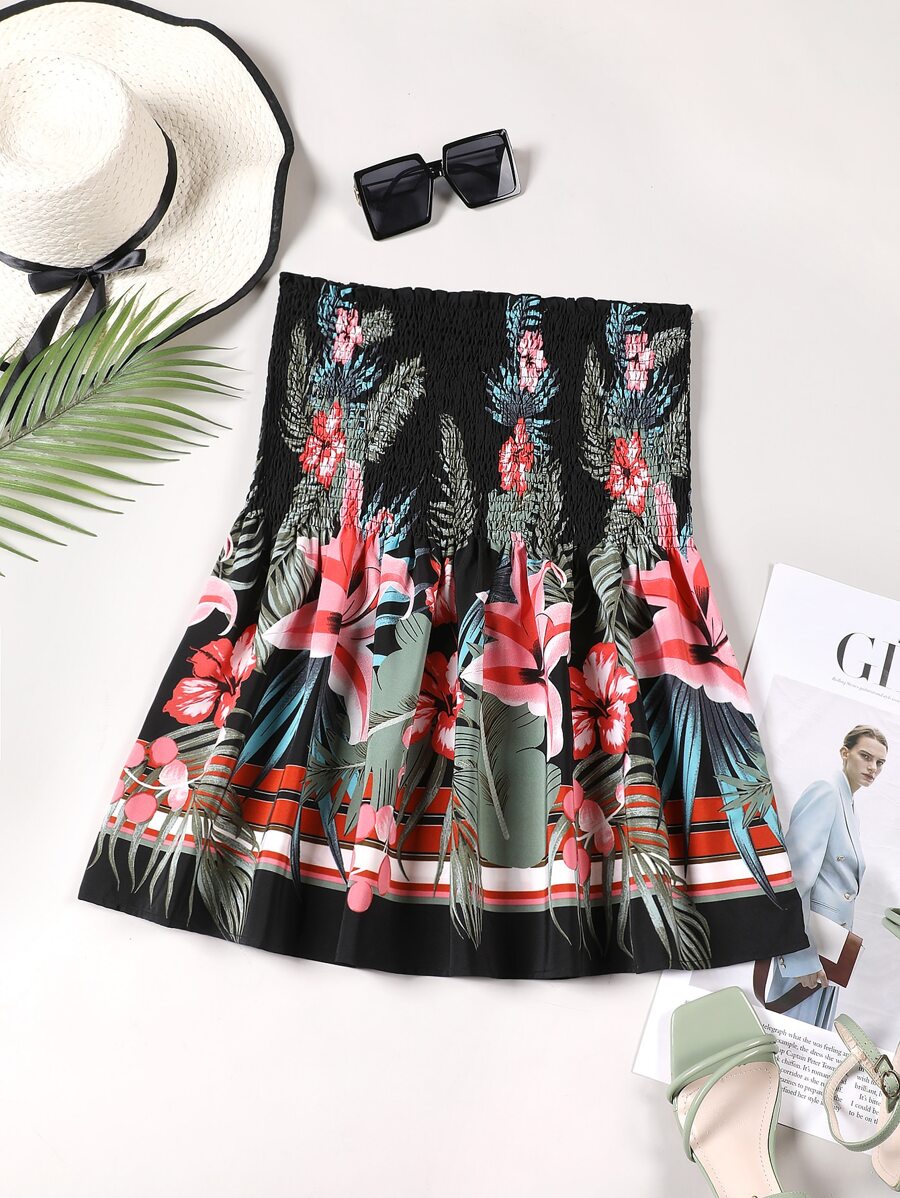 SHEIN Holidaya Plus Tropical Print Tube Top - Black - View 1