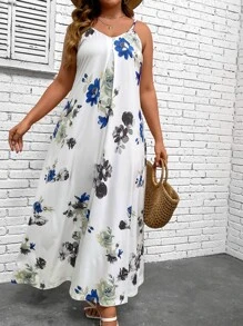 SHEIN LUNE Plus Floral Print Cami Dress - White - View 4