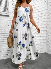 SHEIN LUNE Plus Floral Print Cami Dress - White - View 5