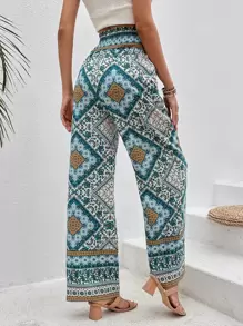 SHEIN Frenchy 圍巾圖案前打結闊腿褲 - 青碧色 - 查看 2