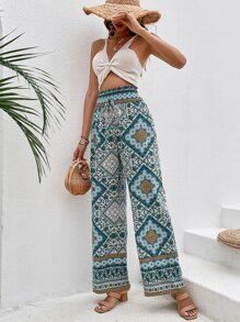 SHEIN Frenchy 圍巾圖案前打結闊腿褲 - 青碧色 - 查看 4