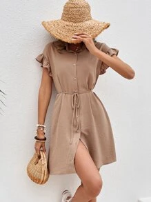 SHEIN Frenchy Vestido camisero con botón ribete con fruncido con cinturón - Caqui - Ver 3